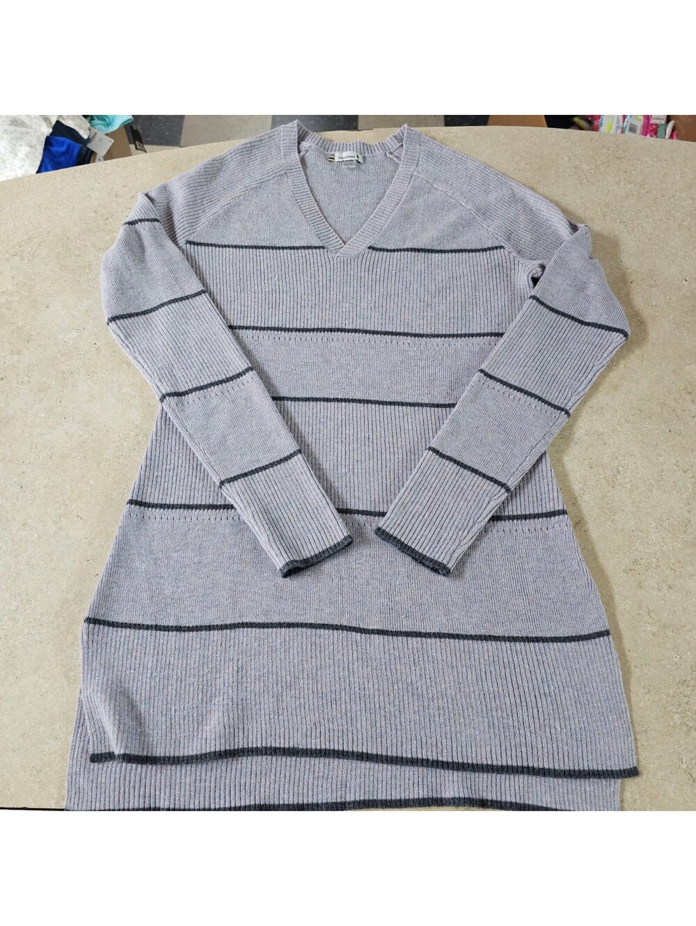 Smartwool Women's Long Sleeve V-Neck Sweater Dress in Gray with Black Stripes